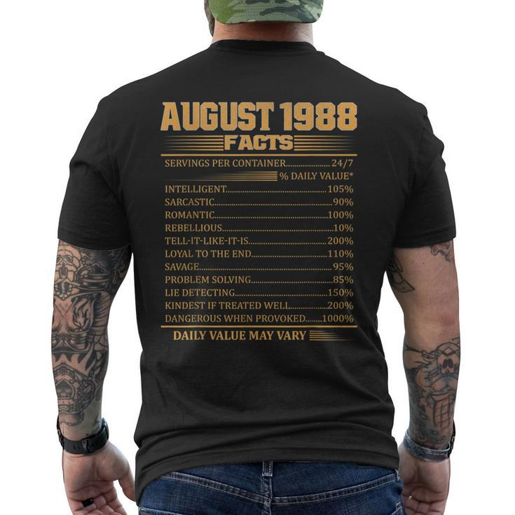 Vintage 30Th Birthday Made In August 1988 Facts  Mens Back Print T-shirt