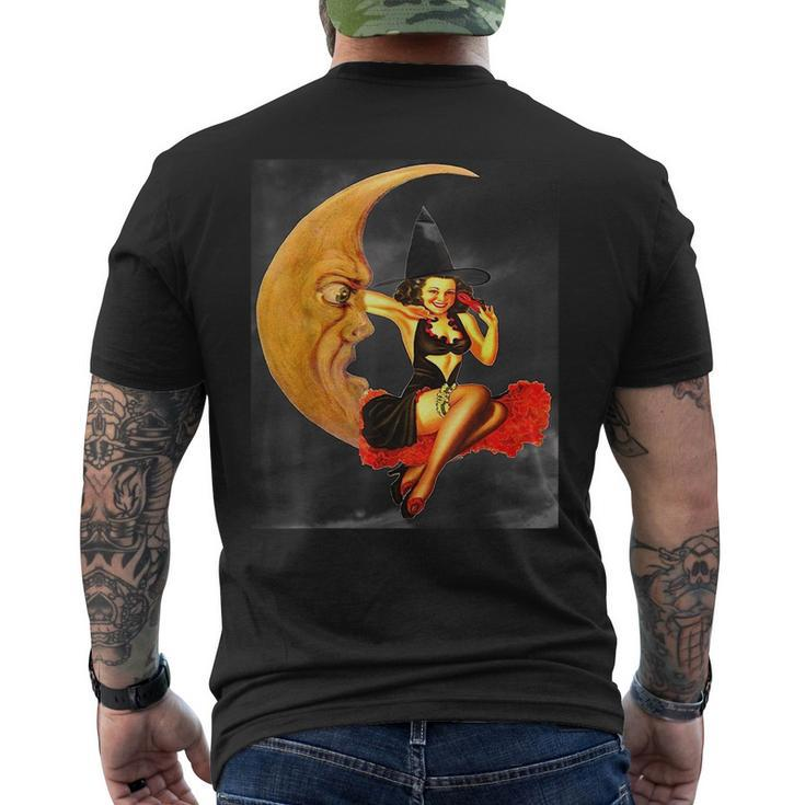 Vintage Pin Up Girl Witch On Moon Halloween Moon Funny Gifts Mens Back Print T-shirt