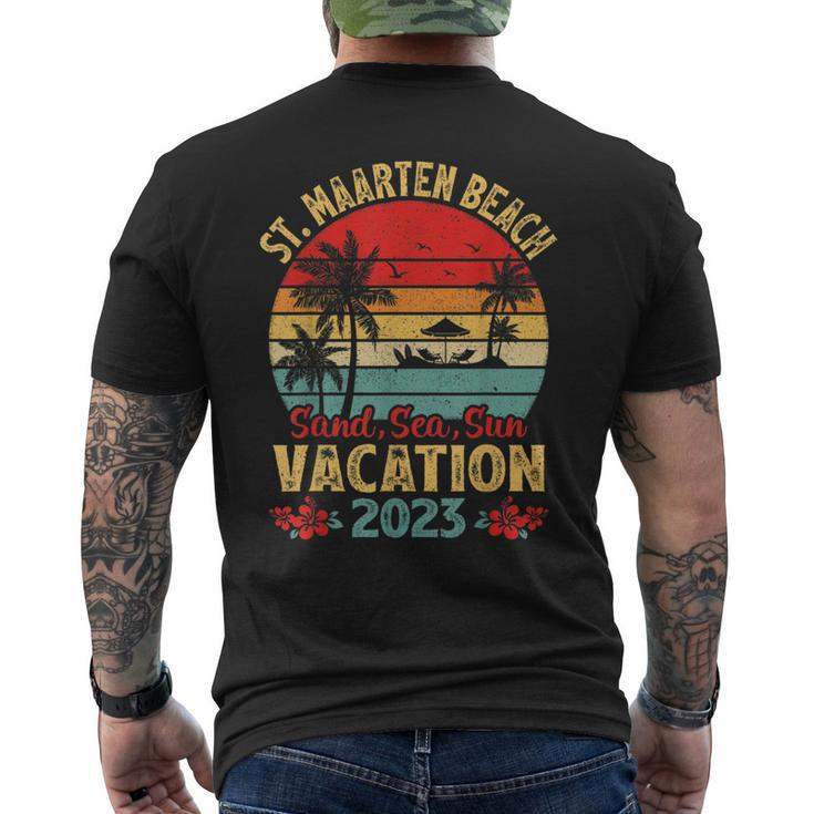 Vintage Sand Sea Sun Vacation 2023 St Maarten Beach  Mens Back Print T-shirt
