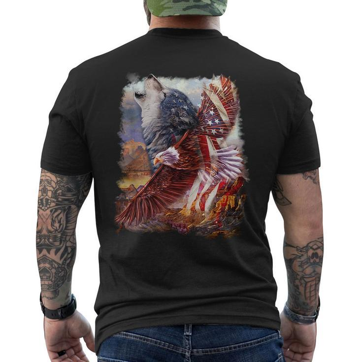 Wolf With Bald Eagle American Flag  Mens Back Print T-shirt