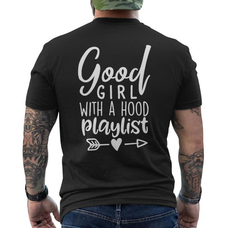 Womens Good Girl With A Hood Playlist T Shirt Gym Life Tee Mens Back Print T-shirt