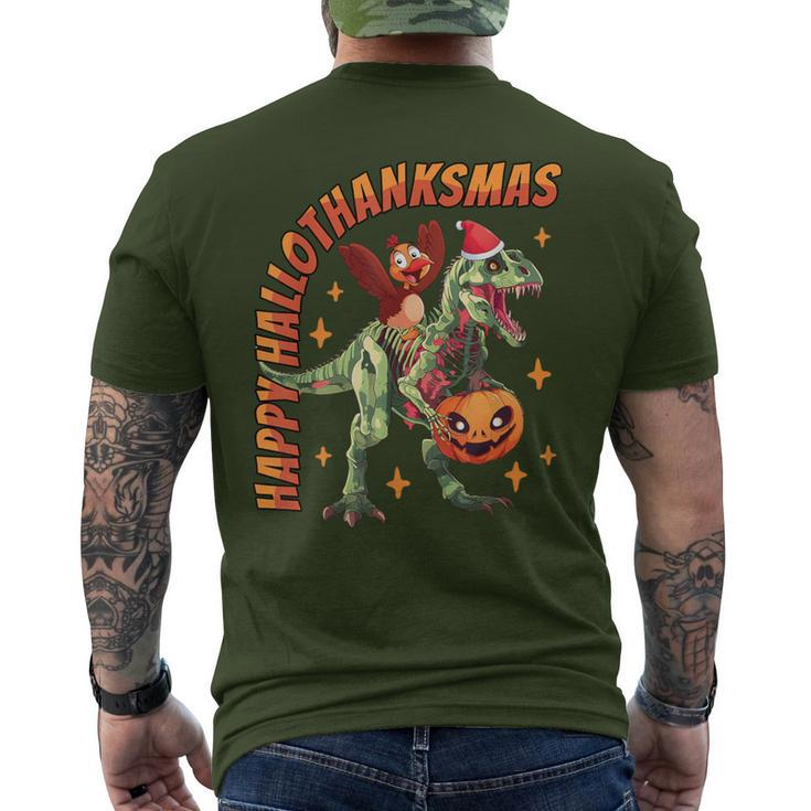 Happy Hallothanksmas T-Rex Halloween Thanksgiving Christmas Men's T-shirt Back Print
