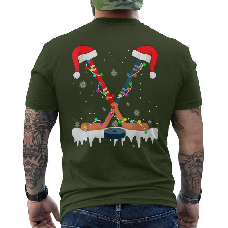 Hockey Santa Hat Christmas Lights Sport Boys Xmas Pjs Men's T-shirt Back Print