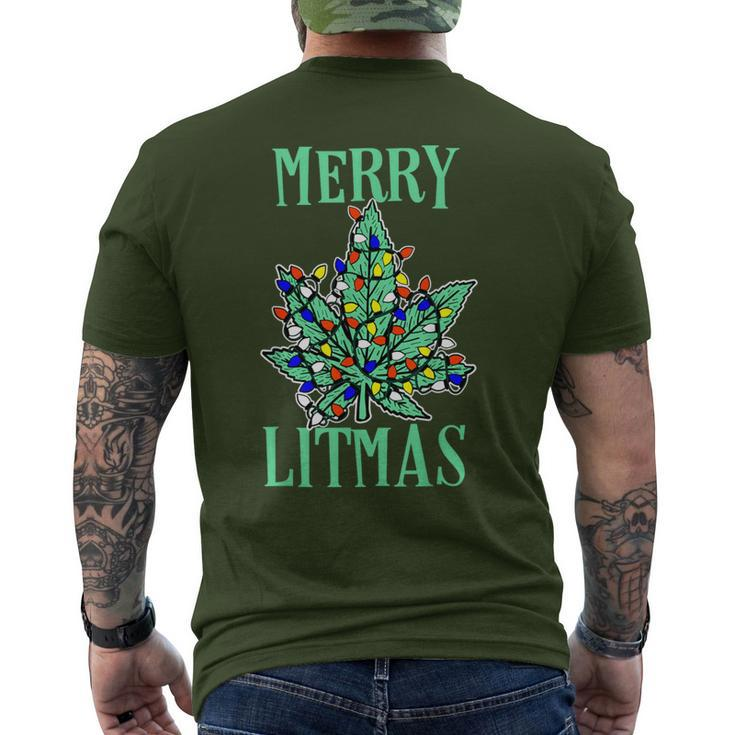 Merry Litmas Pot Leaf Christmas Tree Lights Marijuana Men's T-shirt Back Print