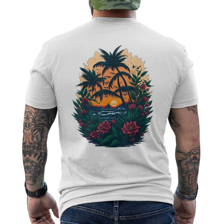 Cute Mountain Sunset Palm Trees Ocean Graphic  Men's Crewneck Short Sleeve Back Print T-shirt