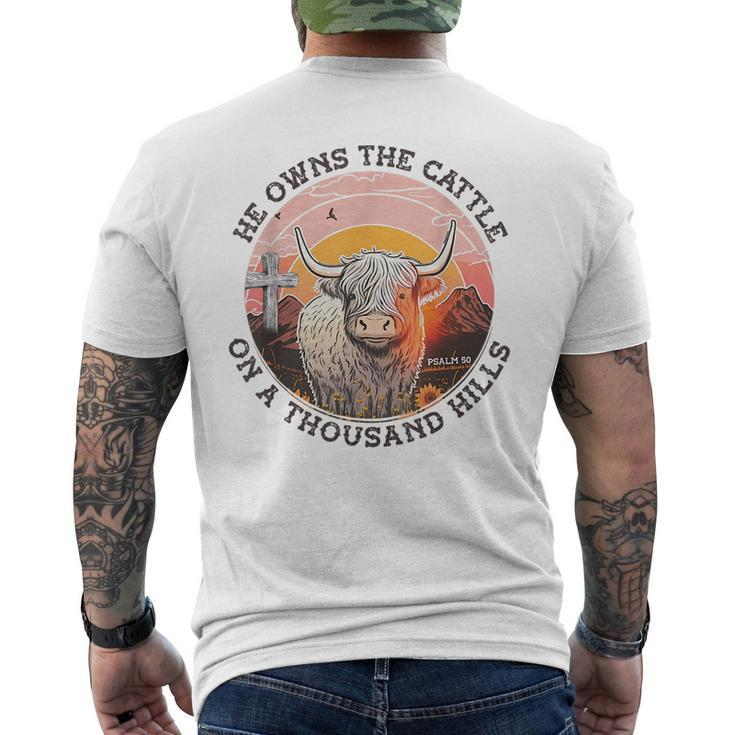 He Owns The Cattle On A Thousand Hills Psalm 50 Vintage Cow Mens Back Print T-shirt