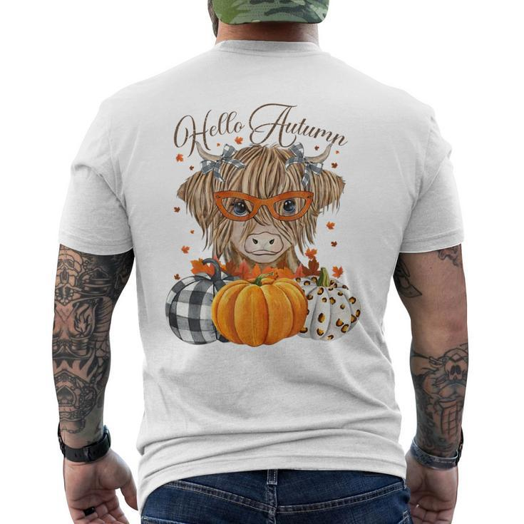 Hello Autumn Fall Highland Cow Pumpkins Thanks Giving Men's Back Print T-shirt