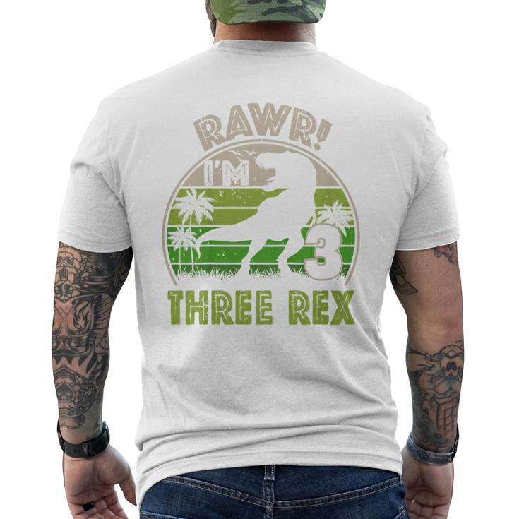 Kids Three Rex Birthday Party Outfit Dinosaur 3 Year Old Boy  Mens Back Print T-shirt