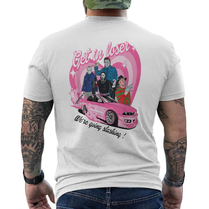 Get In Loser We're Going Slashing Pink Car Horror Character Men's T-shirt Back Print