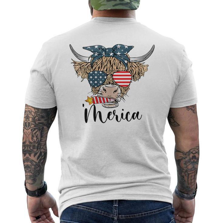 Merica Cow Cute Highland Cow With Bandana Usa Fourth Of July Men's Back Print T-shirt