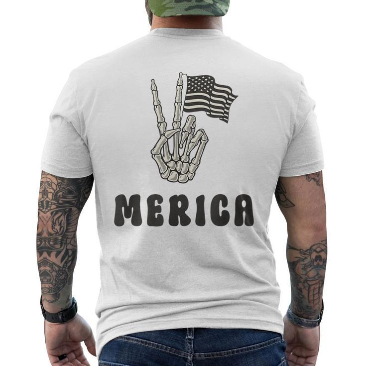 Merica Peace Sign 4Th Of July American Flag Skeleton Hand  Mens Back Print T-shirt