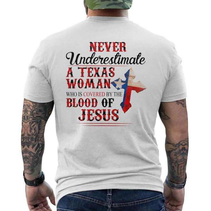 Never Underestimate A Texas Woman Who Is Covered By Blood Texas Funny Designs Gifts And Merchandise Funny Gifts Mens Back Print T-shirt