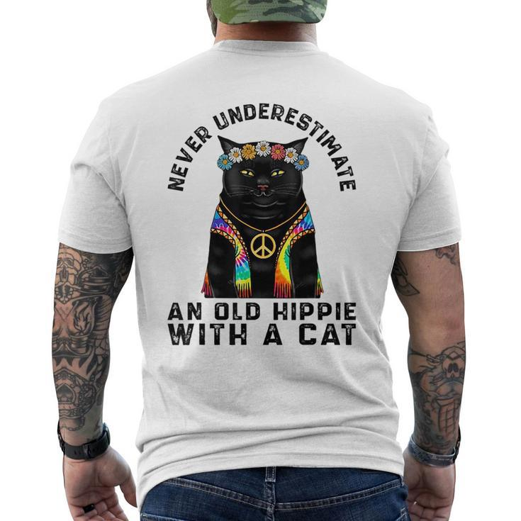 Never Underestimate An Old Hippie With A Cat Funny Vintage Mens Back Print T-shirt
