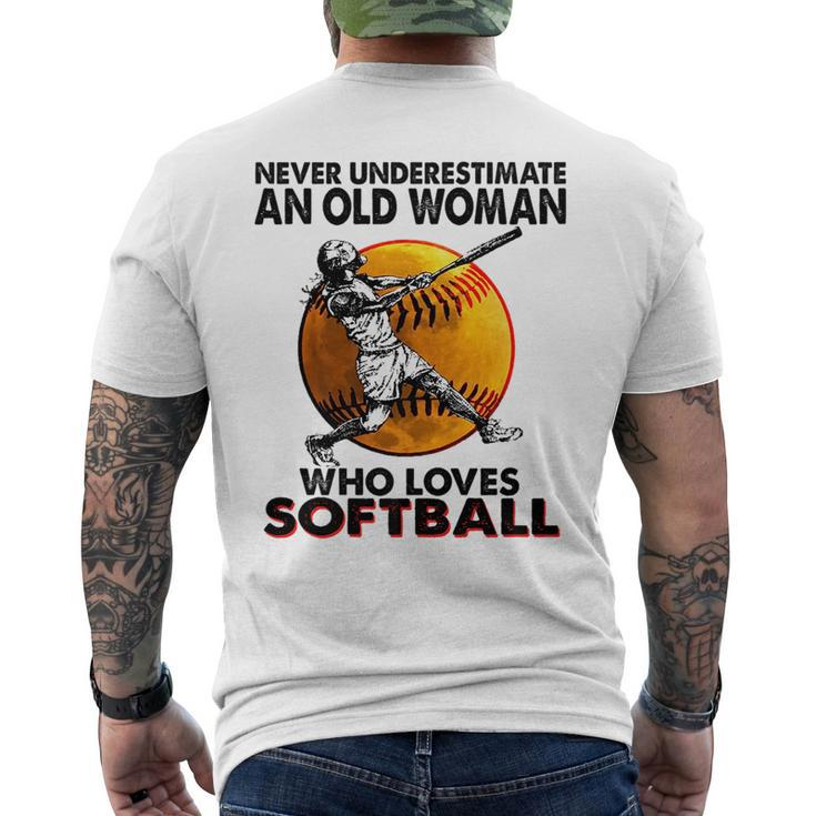 Never Underestimate An Old Woman Who Loves Softball Gift Mens Back Print T-shirt