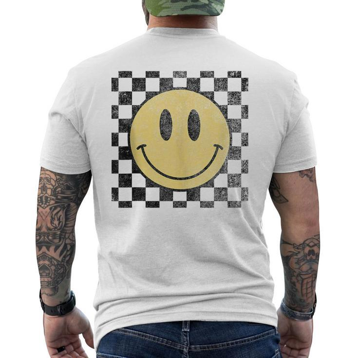 Retro Happy Face 70S Distressed Checkered Pattern Smile Face Mens Back Print T-shirt