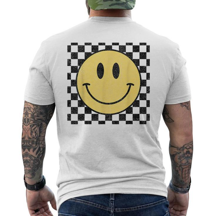 Retro Happy Face Distressed Checkered Pattern Smile Face Mens Back Print T-shirt
