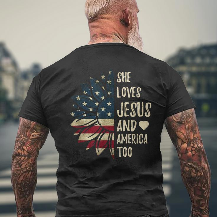 4Th Of July | Us Flag | She Loves Jesus And America Too Mens Back Print T-shirt Gifts for Old Men