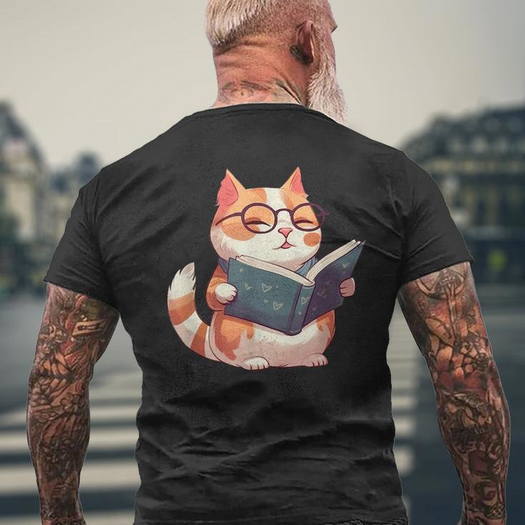 Bookish Cat With Glasses - Cute & Intellectual Design Mens Back Print T-shirt Gifts for Old Men