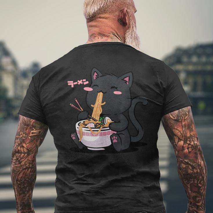 Cute Kawaii Cat Ramen Noodles Anime Black Cat Japanese Mens Back Print T-shirt Gifts for Old Men