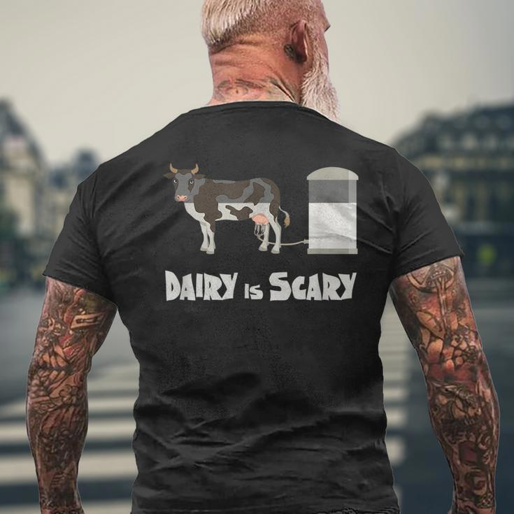 Dairy Is Scary | Vegan Design | Cow In Factory Farming Mens Back Print T-shirt Gifts for Old Men