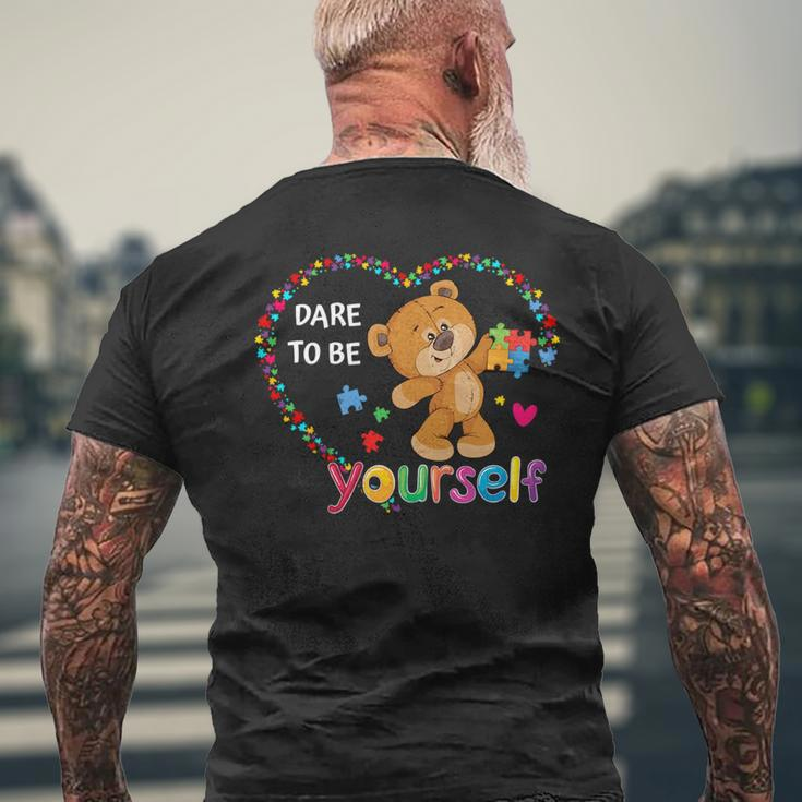 Dare To Be Yourself Autism Awareness Bear Heart Puzzle Piece Mens Back Print T-shirt Gifts for Old Men