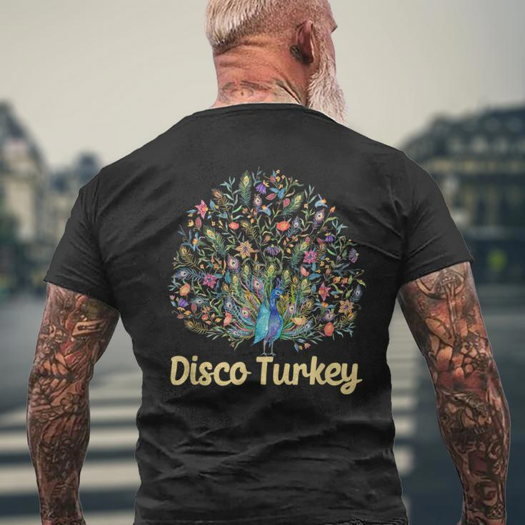 Disco Turkey Funny Peacock Feathers Fancy Thanksgiving Day Mens Back Print T-shirt Gifts for Old Men