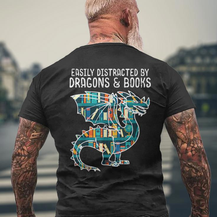 Easily Distracted By Dragons Books Funny Reading Bookworm Reading Funny Designs Funny Gifts Mens Back Print T-shirt Gifts for Old Men