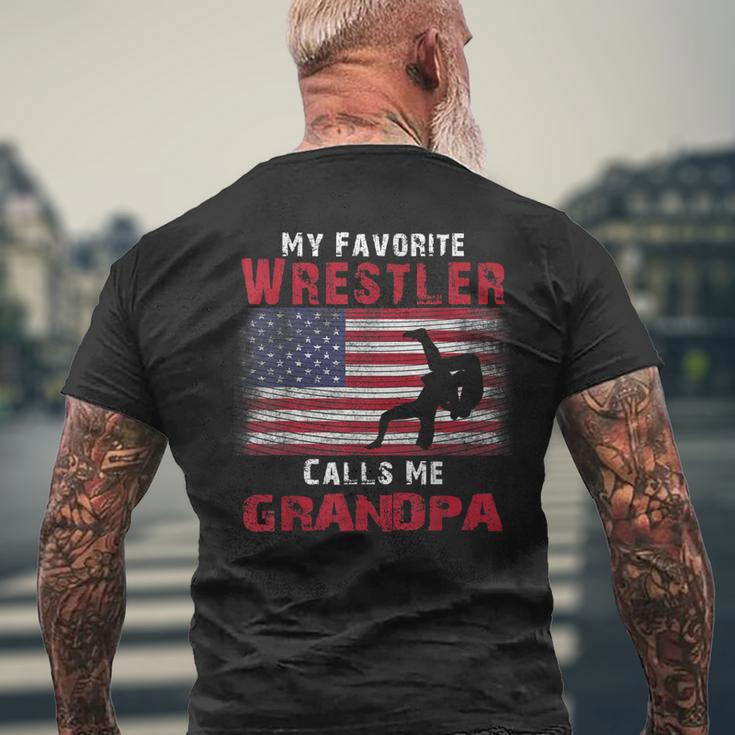 My Favorite Wrestler Calls Me Grandpa Fathers Day Usa Flag Men's Back Print T-shirt Gifts for Old Men
