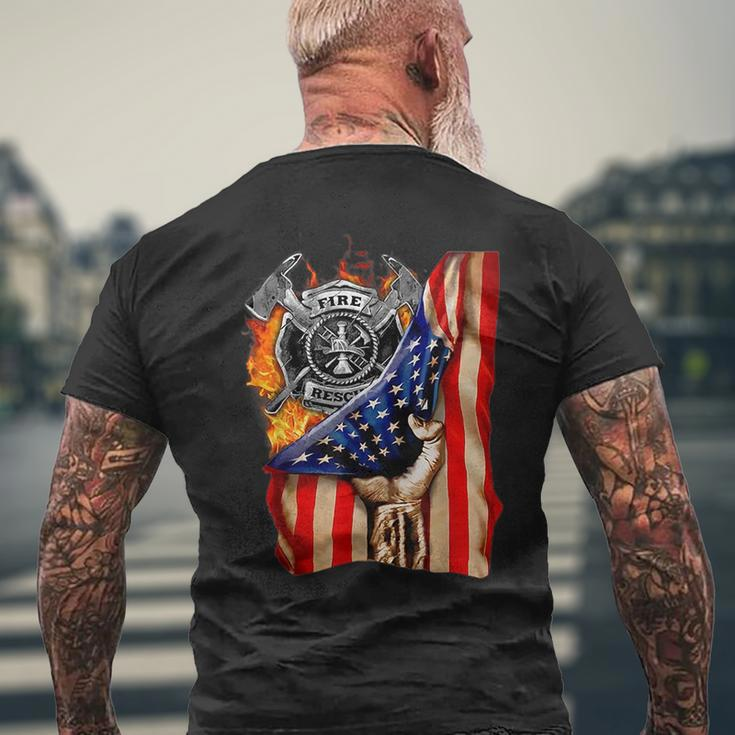 Firefighter American Flag Pride Hand Fire Service Lover Gift Mens Back Print T-shirt Gifts for Old Men