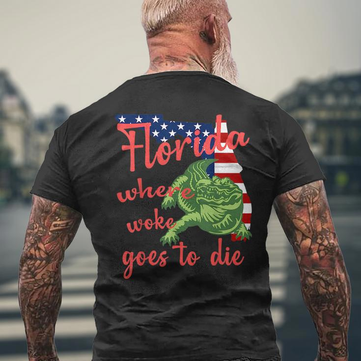 Florida Where Woke Goes To Die American Flag And Alligator Mens Back Print T-shirt Gifts for Old Men