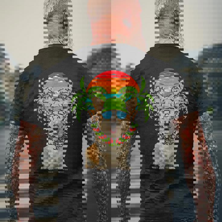 Hawaiian Corgi Dog Wearing Sunglasses Sunset On Beach Summer Mens Back Print T-shirt Gifts for Old Men