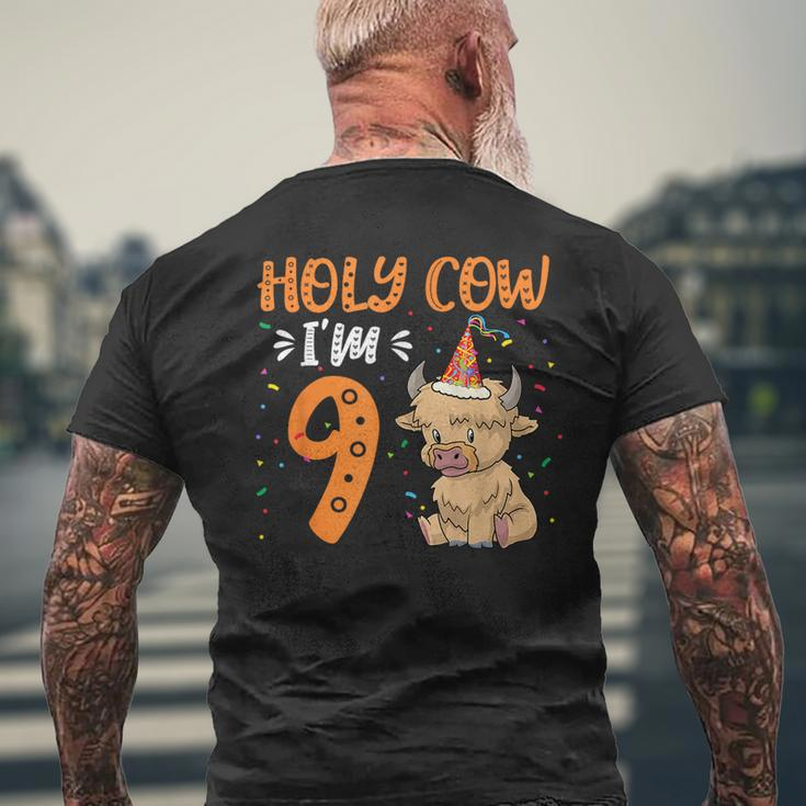 Holy Cow Im 9 Scottish Highland Cow Print 9Th Birthday Girl Mens Back Print T-shirt Gifts for Old Men