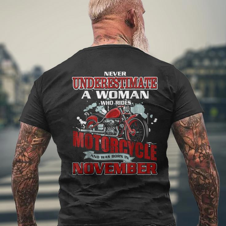 Never Underestimate A Woman Who Rides Motorcycle In November Mens Back Print T-shirt Gifts for Old Men