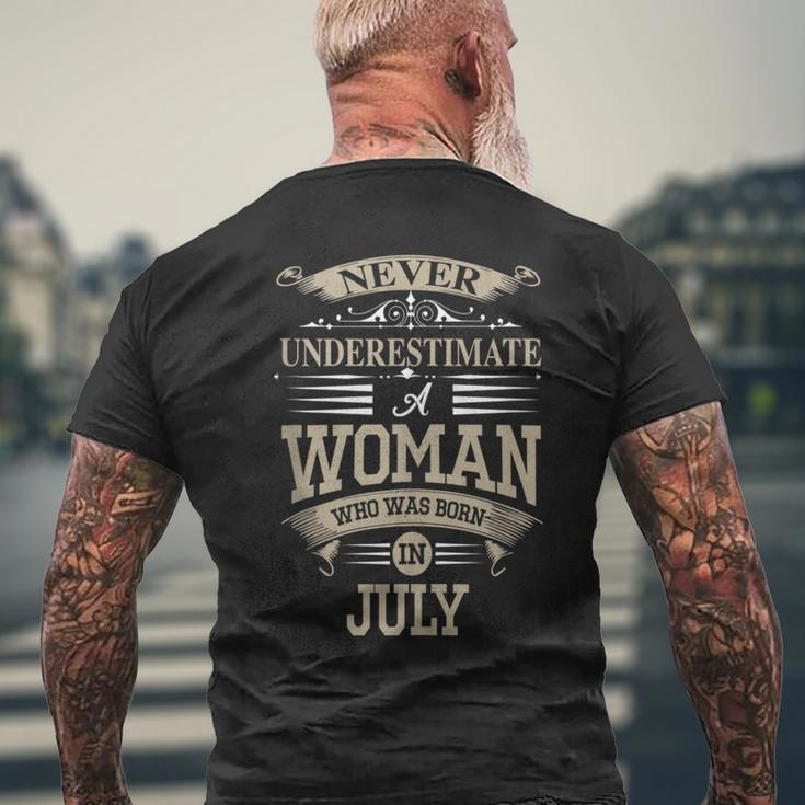 Never Underestimate A Woman Who Was Born In July Mens Back Print T-shirt Gifts for Old Men