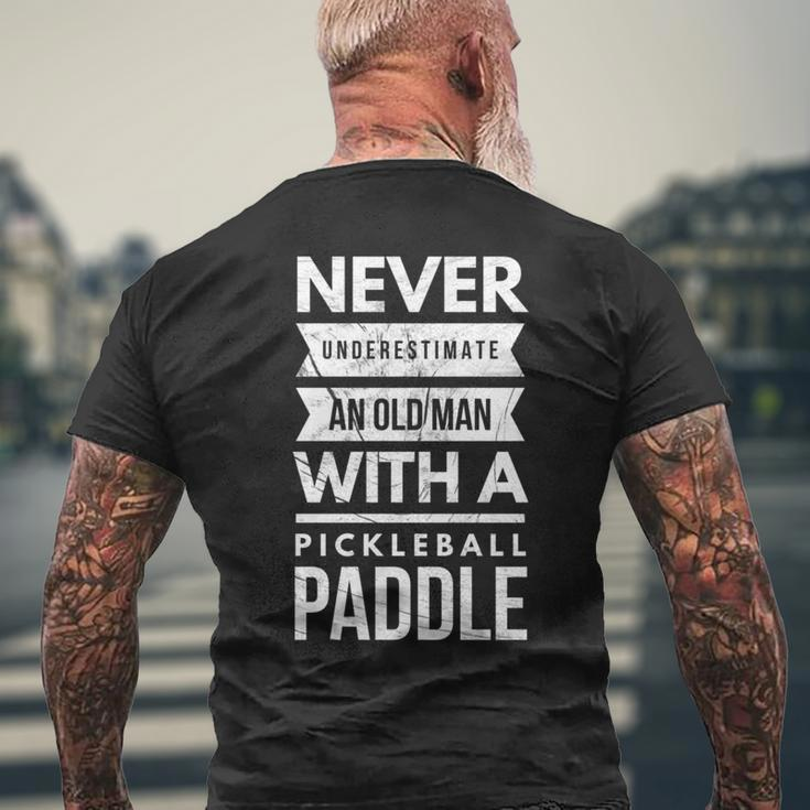 Never Underestimate Old Woman With Pickleball Paddle Player Mens Back Print T-shirt Gifts for Old Men