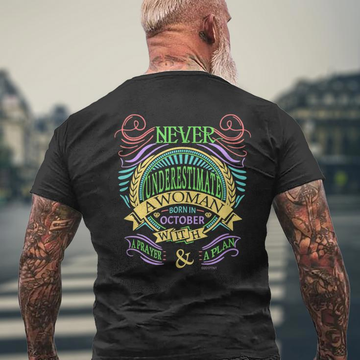 October Birthday Never Underestimate A Woman With A Prayer Mens Back Print T-shirt Gifts for Old Men