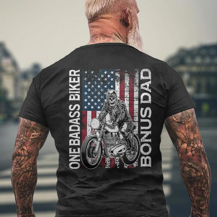 One Badass Biker Bonus Dad Grunge American Flag Skeleton Funny Gifts For Dad Mens Back Print T-shirt Gifts for Old Men