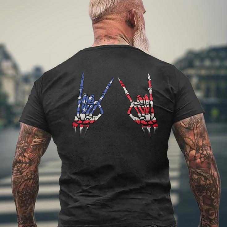 Patriotic Usa Flag Skeleton Rock On Devil Horns 4Th Of July Patriotic Funny Gifts Mens Back Print T-shirt Gifts for Old Men