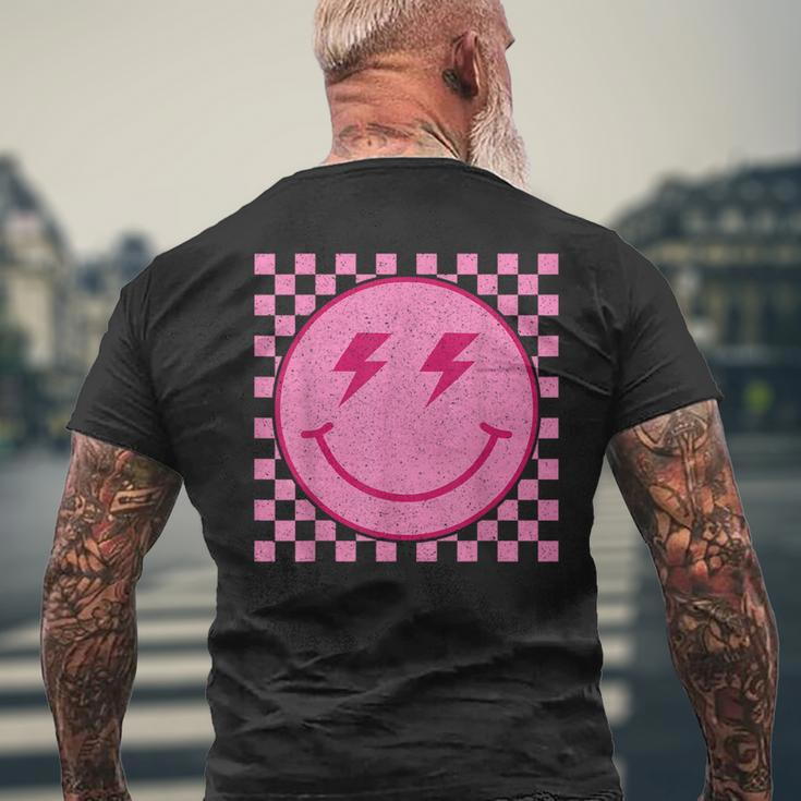 Pink Happy Face Checkered Pattern Smile Face Trendy Smiling Men's T-shirt Back Print Gifts for Old Men