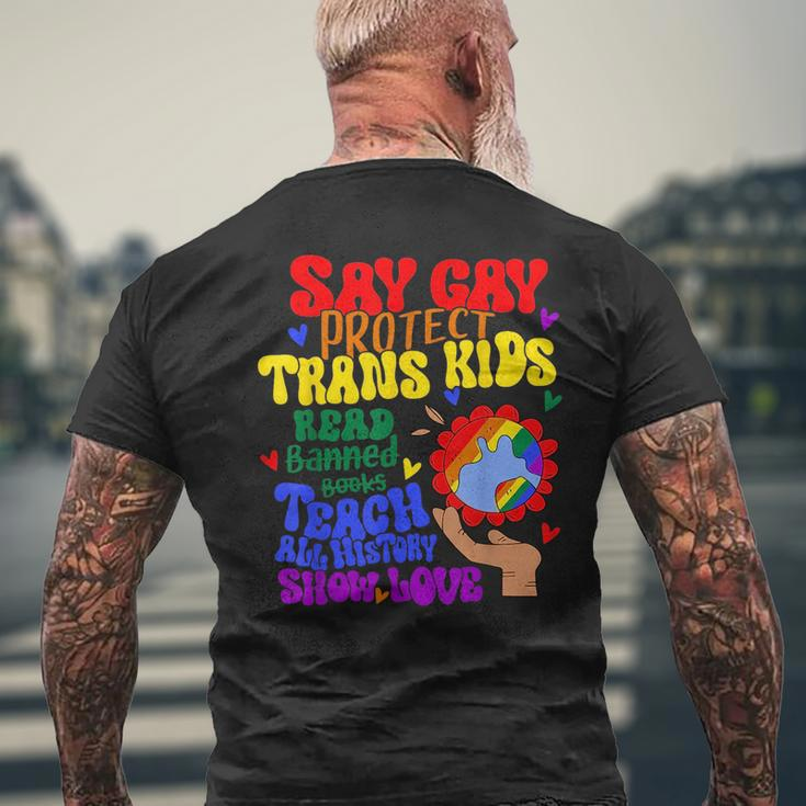 Say Gay Protect Trans Kids Read Banned Books Men Lgbt Pride Mens Back Print T-shirt Gifts for Old Men