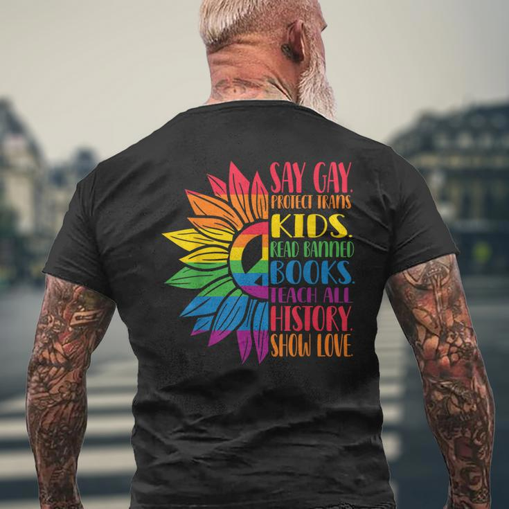 Say Gay Protect Trans Kids Read Banned Books Pride Month Mens Back Print T-shirt Gifts for Old Men