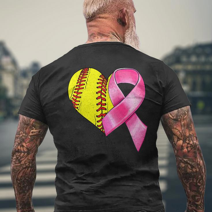 Softball Heart Pink Ribbon Warrior Breast Cancer Awareness Men's T-shirt Back Print Gifts for Old Men