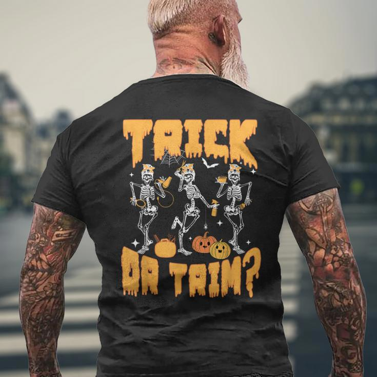 Trick Or Trim Halloween Hairstylist Skeletons And Pumpkins Men's T-shirt Back Print Gifts for Old Men