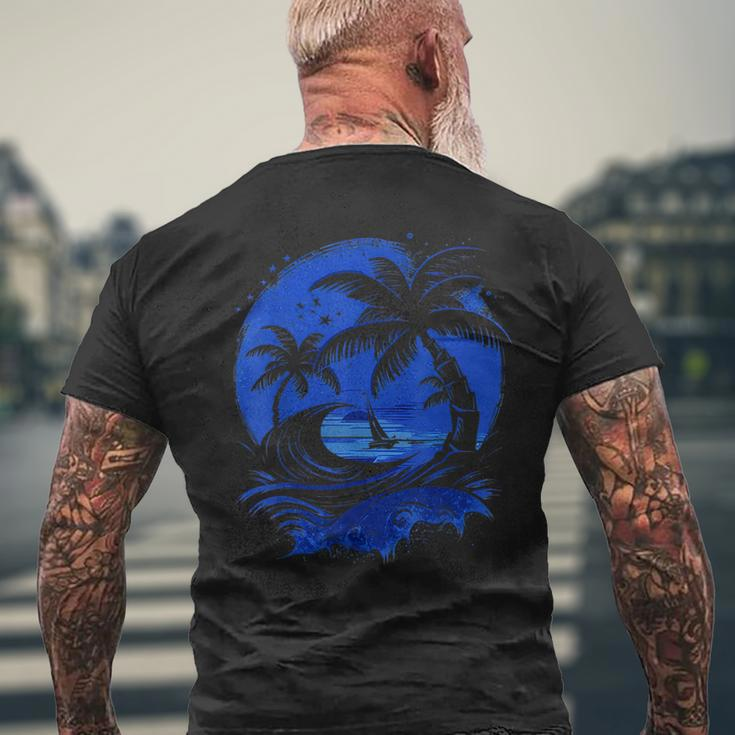 Tropical Palm Trees With Sailboat Beach Island Sunset Mens Back Print T-shirt Gifts for Old Men