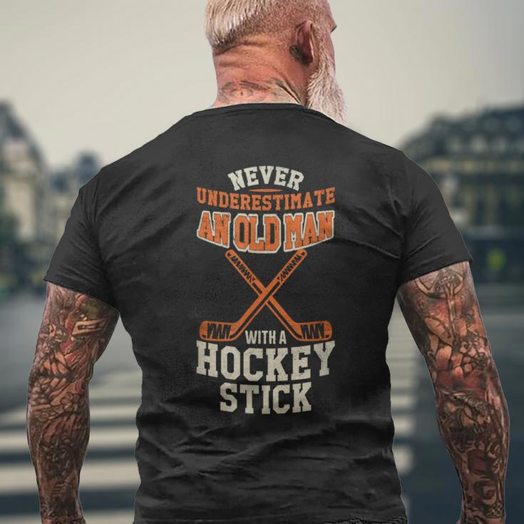 Never Underestimate An Old Man With A Stick Old Man Hockey Men's T-shirt Back Print Gifts for Old Men