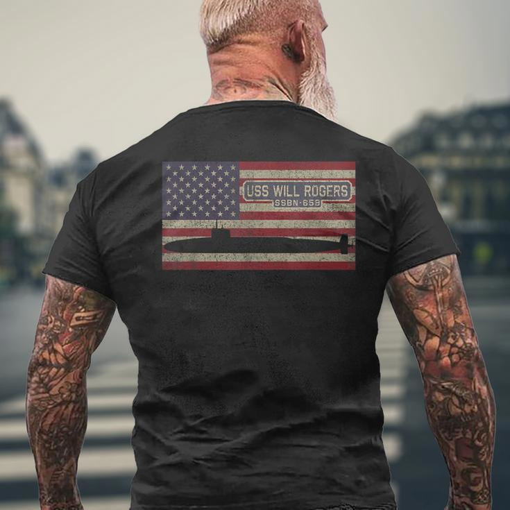 Uss Will Rogers Ssbn659 Submarine American Flag Men's Back Print T-shirt Gifts for Old Men