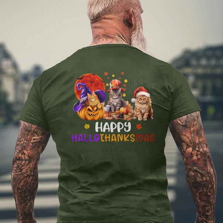 Cat Halloween Christmas Happy Hallothanksmas Thanksgiving Men's T-shirt Back Print Gifts for Old Men