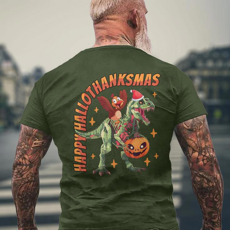 Happy Hallothanksmas T-Rex Halloween Thanksgiving Christmas Men's T-shirt Back Print Gifts for Old Men