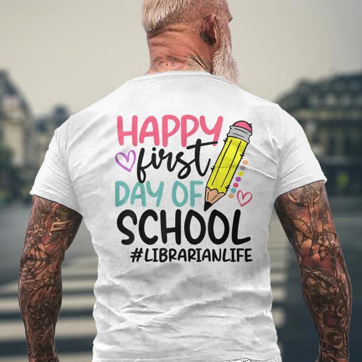 Librarian Happy First Day Of School Funny Back School Mens Back Print T-shirt Gifts for Old Men