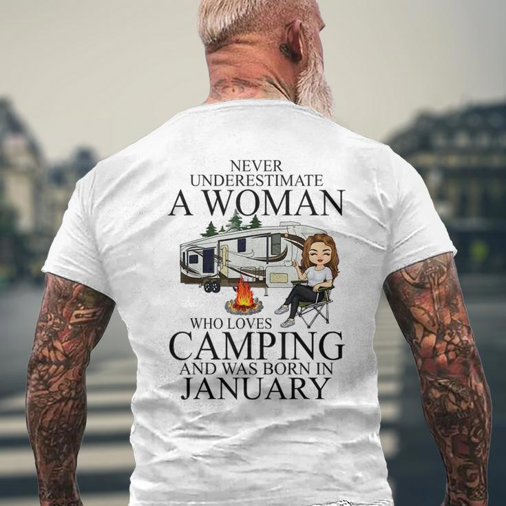 Never Underestimate A Woman Who Love Camping Born In January Mens Back Print T-shirt Gifts for Old Men